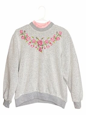 Vintage BonWorth Gray Knit Sweater with Pink Rose Embroidery
